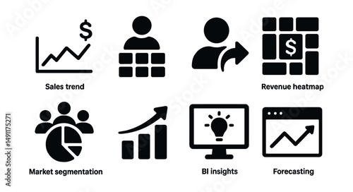 Solid style icons of enterprise insights: sales trend, user behavior pattern, churn predictor, revenue heatmap, market segmentation icon, growth opportunity, BI insight, forecasting panel.