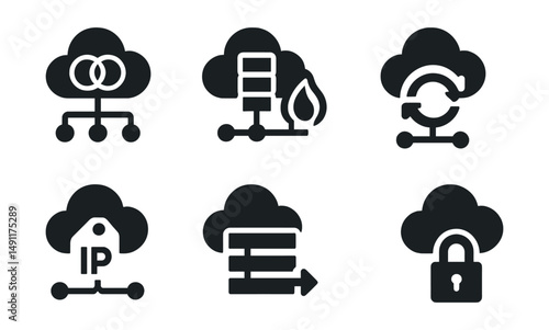 Solid style icons of networking in cloud: virtual private cloud (VPC), subnet icon, firewall rule, NAT gateway, public IP tag, route table, peering link, VPN tunnel.