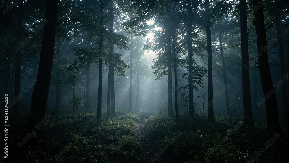 Obraz premium Enchanting dark forest scene with sunlight filtering through dense canopy casting a mesmerizing glow on suspended dust particles