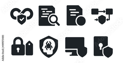 Solid style icons of secure development practices: DevSecOps badge, code scanner, signed commit icon, secure CI/CD pipeline, secret manager, threat modeling, secure coding rule, policy gate.