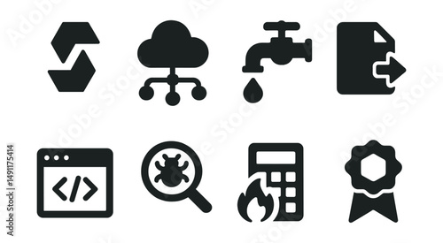 Solid style icons of blockchain development tools: Solidity icon, Web3 API, testnet faucet, deploy script, smart contract IDE, blockchain debugger, gas estimator, devnet badge.
