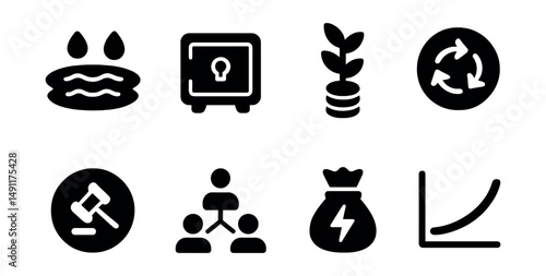 Solid style icons of DeFi networks: liquidity pool icon, staking vault, yield farming, AMM badge, governance token, DAO icon, flash loan, interest curve.