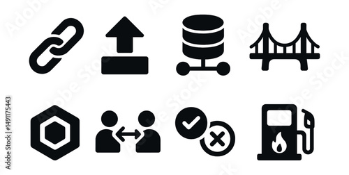 Solid style icons of Layer 1 vs Layer 2: base chain icon, scalability arrow, rollup node, bridge icon, sidechain badge, state channel, mainnet vs testnet, gas optimization.
