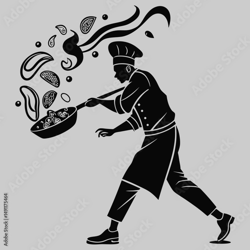 a chef tossing food in a pan silhouette vector design art and illustration