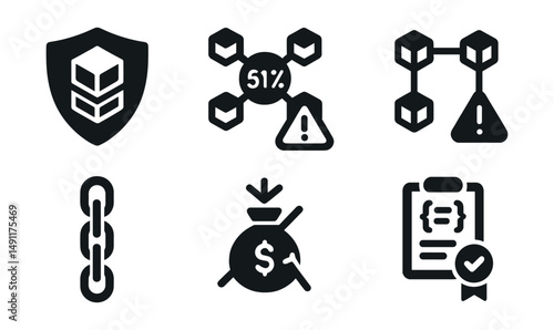 Solid style icons of blockchain security: double-spend shield, 51% attack icon, reorg warning, chain integrity, slashing penalty, smart contract audit, security audit tag, cryptographic proof.