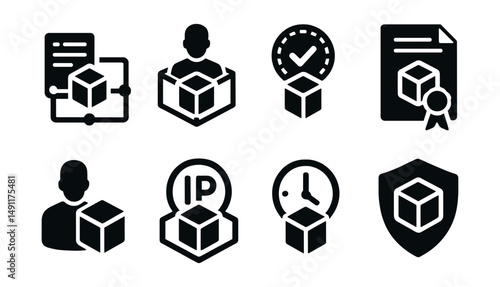 Solid style icons of blockchain use cases: supply chain ledger, identity block, voting token, certification hash, digital twin icon, IP registry, time stamping icon, ownership badge.