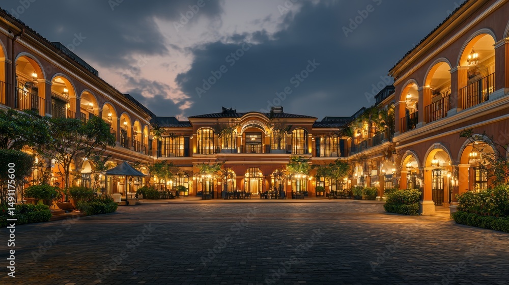 Fototapeta premium Elegant courtyard of a luxury hotel at dusk showcasing beautiful architecture and warm lighting