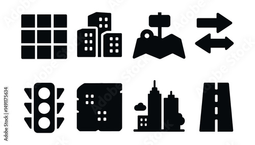 Solid style icons of city and street maps: street grid icon, building blocks, road sign map, one-way arrows, traffic lights, urban area view, downtown icon, main road line.