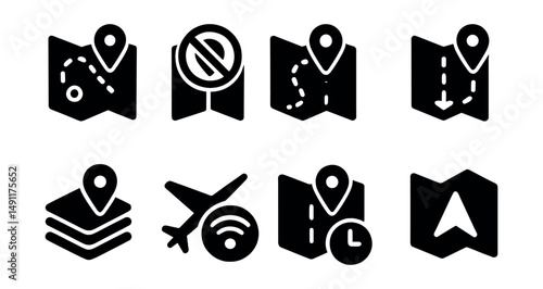 Solid style icons of offline map use: cached map, no signal icon, offline path, download map icon, saved map data, travel with no Wi-Fi, sync later badge, offline navigation.
