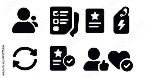 Solid style icons of product-market fit journey: user persona icon, survey feedback, value prop card, pain point tag, product iteration loop, feature vote, test feedback, fit match.