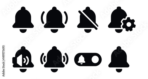 Solid style icons of notification sounds and control: volume bell, bell with sound waves, bell with silence icon, notification settings gear, bell with speaker, vibrate-only icon, bell on/off toggle,