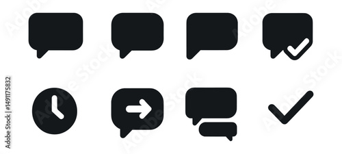 Solid style icons of incoming and outgoing messages: left-aligned bubble, right-aligned bubble, incoming with shadow, outgoing with checkmark, bubble with time, reply indicator, conversation row,