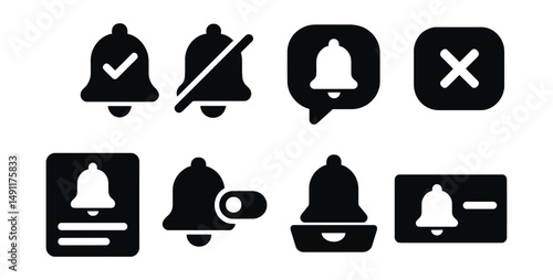 Solid style icons of in-app notification controls: enable alerts icon, disable bell, notification tab icon, dismiss button, alert panel icon, bell toggle button, tray alert, app banner bell.