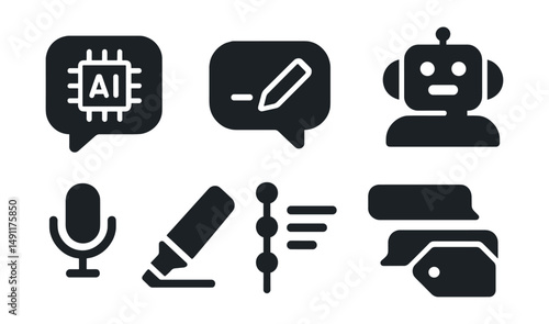Solid style icons of AI-assisted messaging: AI reply icon, smart compose bubble, suggested response icon, chatbot bubble, voice-to-text icon, smart highlight, AI thread, auto message tag.