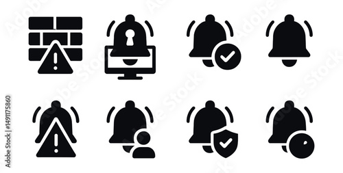 Solid style icons of security and system notifications: firewall alert, login attempt bell, permission request bell, backup alert icon, data warning bell, account issue bell, antivirus bell, update