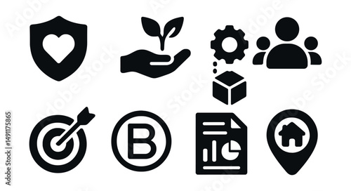 Solid style icons of impact entrepreneurship: social impact badge, green business, ethical supply chain, inclusive hiring, mission-driven icon, B-corp label, impact report, local value.