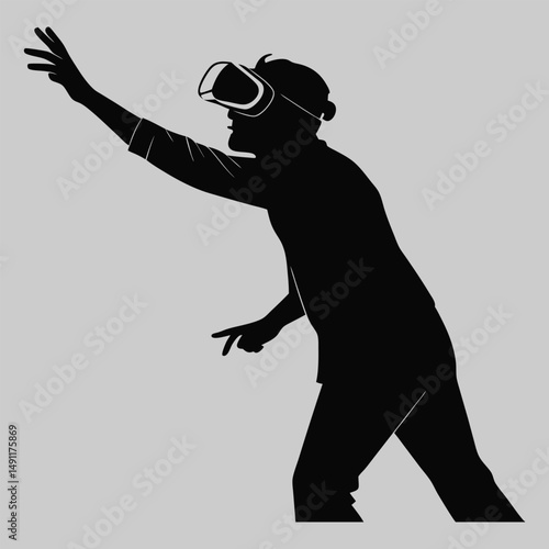 a person in VR headset reaching out silhouette vector design art and illustration