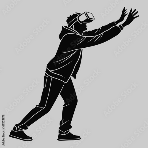 a person in VR headset reaching out silhouette vector design art and illustration