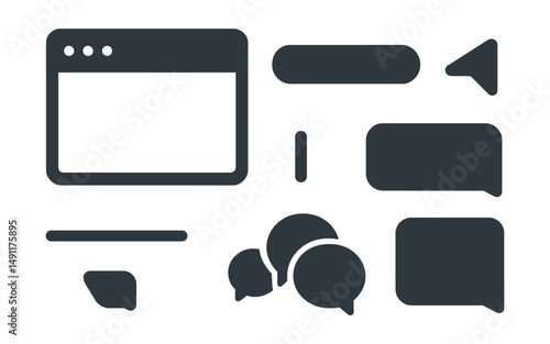 Solid style icons of chat UI components: chat window frame, message input field, send button icon, chat scroll indicator, message divider, message tail, group chat icon, message box hover.