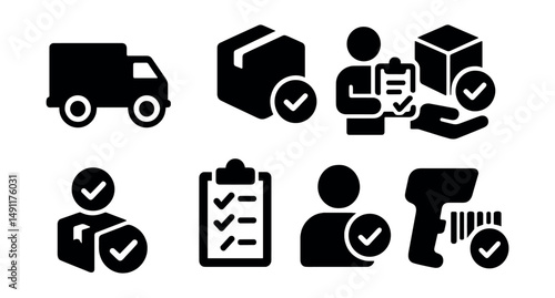 Solid style icons of delivery and logistics confirmation: delivered icon, parcel with check, signed delivery, drop-off complete, shipment verified, package received, logistics task done, scanned OK.
