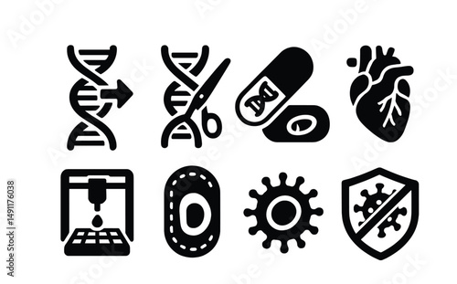 Solid style icons of biotech breakthroughs: DNA rewrite icon, CRISPR tool, gene therapy capsule, synthetic organ, bio-printer, cell patch, stem cell icon, disease blocker.