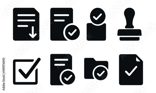 Solid style icons of form submission and approval: submit form icon, approved document, check on form, verification stamp, consent checkbox, accepted application, validated file, verified paper.