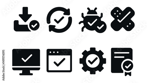 Solid style icons of software actions: install completed, update finished, bug fixed icon, patch confirmed, system check passed, program verified, settings saved, software licensed.