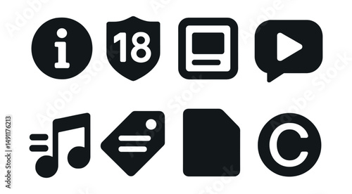 Solid style icons of media and content info: content rating “i”, age guideline badge, episode info, video info bubble, music track details, description tag icon, file size info, copyright note.