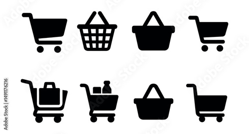 Solid style icons of shopping cart and basket: standard shopping cart, wire basket icon, filled basket, mini cart, checkout cart, pushcart with items, basket handle, rolling cart.