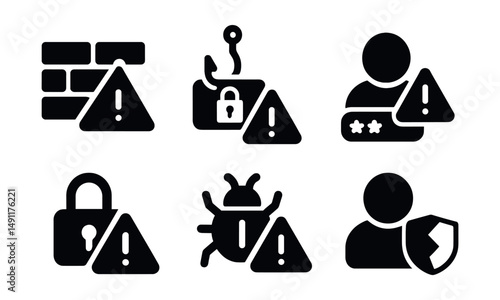 Solid style icons of security warnings: firewall alert, phishing attempt icon, suspicious login warning, access denied symbol, encrypted alert icon, malware warning, lock with alert, identity breach