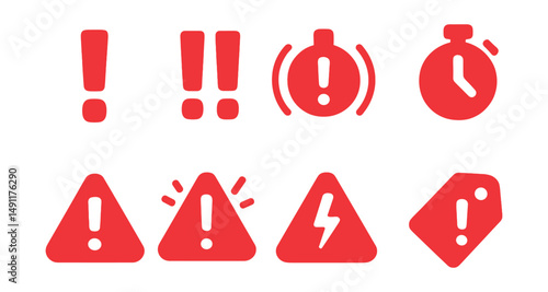 Solid style icons of critical priority alerts: red exclamation, double exclamation mark, pulsing alert, alert with timer, flashing warning, urgent triangle, blinking hazard icon, top priority tag.
