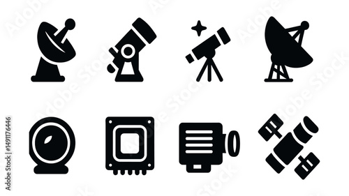 Solid style icons of telescopes and observation: satellite dish, space telescope, star tracker, deep space antenna, optical lens, astrophysics sensor, spectral scanner, orbital scope.