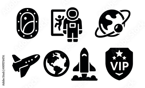Solid style icons of space tourism: space capsule window, zero-G cabin, tourist suit, orbit trip icon, commercial spacecraft, view of Earth, private launch, VIP mission badge.