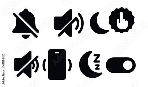 Solid style icons of silent mode and do not disturb: muted bell icon, crossed-out speaker, moon with sound off, silence badge, no audio icon, vibration only icon, sleeping mode, do-not-disturb toggle