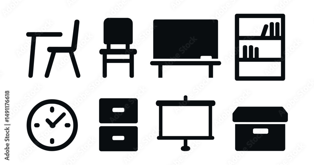 Solid style icons of classroom furniture: student desk, teacher’s chair, chalkboard, bookshelf, wall clock, filing cabinet, projector screen, storage box. Solid style icons of classroom furniture: student desk, teacher’s chair, chalkboard, bookshelf, wall clock, filing cabinet, projector screen, storage box.
