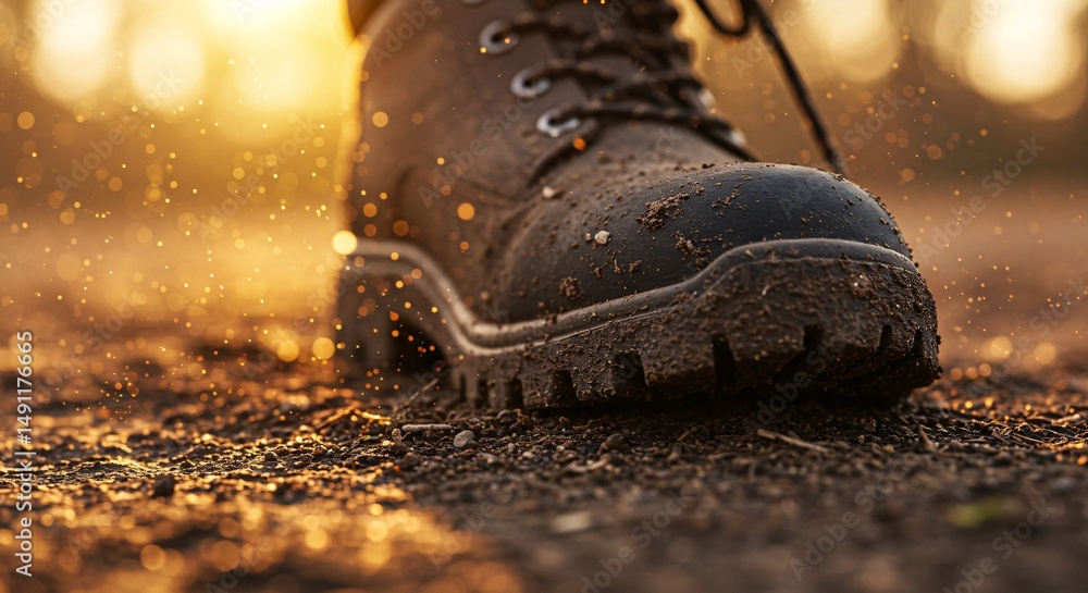 Close-up of a rugged work boot covered in mud standing on dirt ground outdoors Close-up of a rugged work boot covered in mud standing on dirt ground outdoors