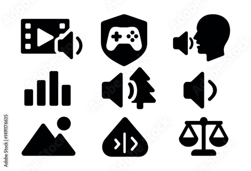 Solid style icons of sound profiles and presets: movie mode sound icon, gaming audio badge, music equalizer icon, voice clarity preset, quiet mode icon, outdoor sound boost, preset sound scene,
