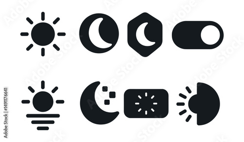 Solid style icons of night and dark mode: dim sun icon, moon with brightness icon, night shift badge, dark theme toggle, bedtime brightness, nighttime filter, display dimmer, reduced glare icon.