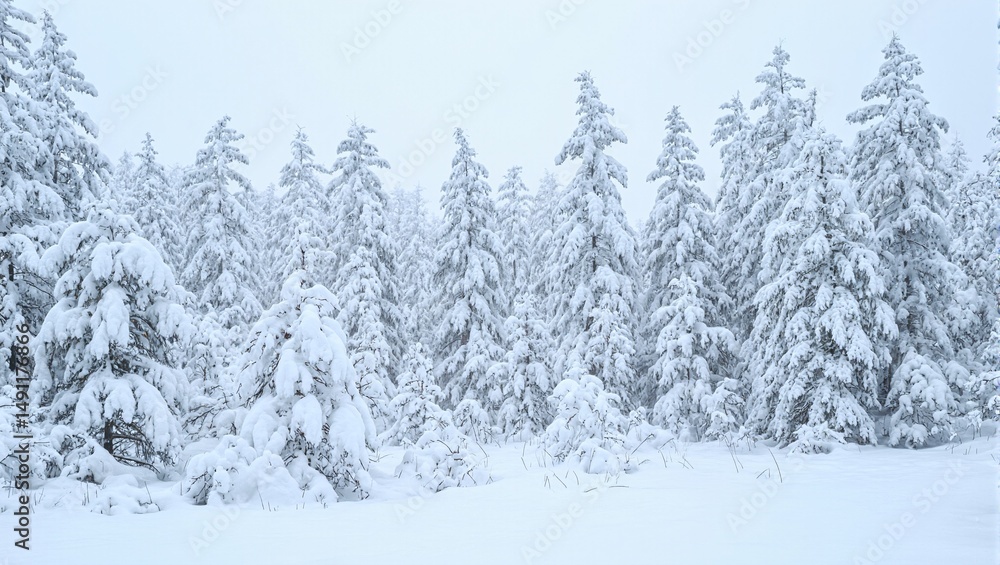 Obraz premium Tranquil winter scene of a snow covered coniferous forest where thick layers of snow adorn the branches and ground