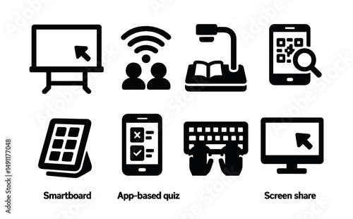 Solid style icons of classroom tech integration: smartboard, classroom Wi-Fi, document camera, QR scan, tablet station, app-based quiz, typing keyboard, screen share.