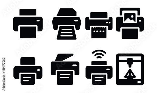 Solid style icons of printer types: laser printer, inkjet printer, dot matrix printer, photo printer, compact printer icon, multifunction printer, wireless printer, 3D printer icon.