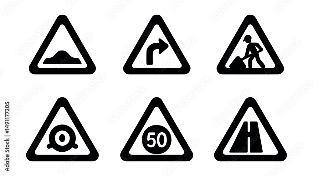Solid style icons of road and navigation alerts: road hazard icon, detour alert, construction zone symbol, accident warning, traffic issue icon, speed limit caution, signal outage, lane closure. Solid style icons of road and navigation alerts: road hazard icon, detour alert, construction zone symbol, accident warning, traffic issue icon, speed limit caution, signal outage, lane closure.
