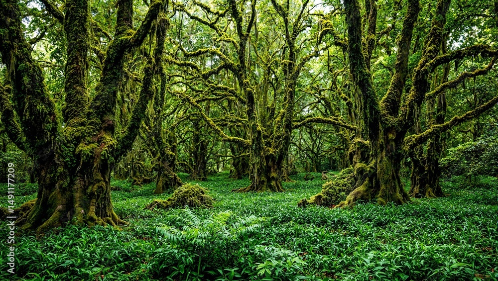 Explore the mystical allure of an ancient forest draped in emerald moss with twisted trees and lush ferns creating a serene and enchanting tapestry Explore the mystical allure of an ancient forest draped in emerald moss with twisted trees and lush ferns creating a serene and enchanting tapestry