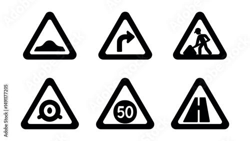 Solid style icons of road and navigation alerts: road hazard icon, detour alert, construction zone symbol, accident warning, traffic issue icon, speed limit caution, signal outage, lane closure.