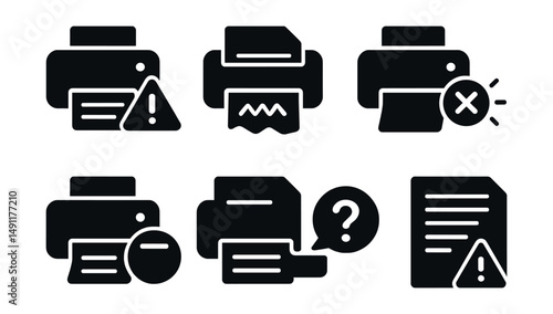 Solid style icons of printer troubleshooting: printer alert icon, print jam symbol, error light icon, blinking printer, help with print icon, question on printer badge, diagnostics print icon, issue