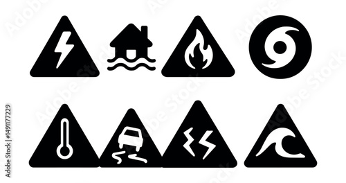 Solid style icons of weather and natural alerts: thunderstorm warning, flood alert icon, wildfire zone tag, hurricane symbol, temperature danger badge, icy road icon, earthquake warning, tsunami risk