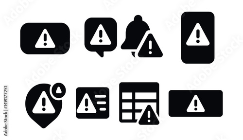 Solid style icons of alert indicators in UI: exclamation on button, alert tooltip, bell with warning, warning icon in sidebar, navigation alert badge, list row with icon, table warning column, alert