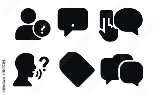 Solid style icons of user inquiries: person with question icon, message with “?”, submit a question, comment question bubble, voice assistant with question, forum question tag, feedback with “?”,