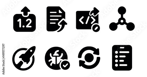 Solid style icons of version control and changelogs: version number update, log icon with arrow, code update badge, repository sync, feature rollout icon, bug fix update icon, release cycle, app