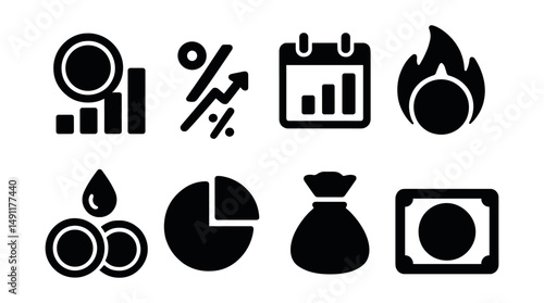 Solid style icons of tokenomics concepts: token supply icon, inflation rate, vesting schedule, deflation mechanism, burning token, liquidity pool, distribution pie, reserve fund.